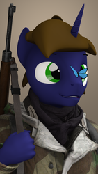 Size: 1080x1920 | Tagged: safe, artist:kowalskicore, oc, oc only, oc:galahad lazuli, butterfly, unicorn, anthro, 3d, abstract background, camouflage, clothes, gewehr 43, gun, rifle, simple background, source filmmaker, tan background, uniform, weapon, wehrmacht