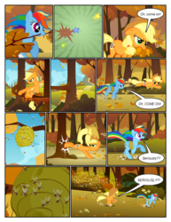 Size: 612x792 | Tagged: safe, artist:newbiespud, edit, edited screencap, screencap, applejack, rainbow dash, bee, earth pony, pegasus, pony, comic:friendship is dragons, fall weather friends, g4, annoyed, beehive, bound wings, bucking, comic, dialogue, female, freckles, hat, mare, mouth hold, rope, running, running of the leaves, screencap comic, speech bubble, swarm, wings