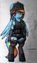 Size: 1580x2653 | Tagged: safe, artist:jetwave, rainbow dash, pegasus, pony, semi-anthro, g4, arm hooves, bandage, bipedal, boots, clothes, colored sketch, female, helmet, mare, military, one-piece swimsuit, operator, shoes, socks, soldier, solo, swimsuit, toothpick, traditional art