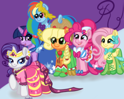 Size: 3000x2400 | Tagged: safe, artist:koharuveddette, applejack, fluttershy, pinkie pie, rainbow dash, rarity, twilight sparkle, earth pony, pegasus, pony, unicorn, g4, suited for success, the best night ever, clothes, dress, gala dress, high res, mane six