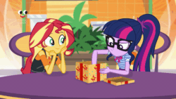 Size: 800x450 | Tagged: safe, screencap, sci-twi, sunset shimmer, twilight sparkle, parrot, equestria girls, equestria girls specials, g4, my little pony equestria girls: better together, my little pony equestria girls: holidays unwrapped, animated, arm around back, chair, female, geode of empathy, geode of telekinesis, gif, glasses, hand on shoulder, hug, laughing, magical geodes, photo, plushie, plusplus, present, pulling, shipping fuel, shopping mall, smiling, table