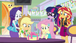 Size: 800x450 | Tagged: safe, screencap, applejack, rarity, sci-twi, sunset shimmer, twilight sparkle, equestria girls, equestria girls series, g4, holidays unwrapped, spoiler:eqg series (season 2), animated, applejack's hat, arm around back, confused, cowboy hat, female, freckles, gasp, geode of empathy, geode of fauna, geode of shielding, geode of super strength, geode of telekinesis, giddy, gif, glasses, gold, hair ornament, hammer, hand on shoulder, happy, hat, hug, looking at each other, magical geodes, photo, plusplus, present, raised eyebrow, shopping mall, surprised, worried