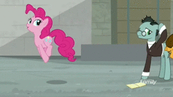 Size: 1280x720 | Tagged: safe, screencap, cheese sandwich, pinkie pie, sans smirk, earth pony, pony, g4, the last laugh, animated, cute, discovery family logo, female, food, mare, pie, pied, pieing, pinkie being pinkie, prank, rolling, silly, silly pony, somersault, sound, splatter, webm