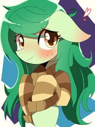 Size: 768x1024 | Tagged: safe, artist:erufi, wallflower blush, earth pony, pony, g4, blushing, clothes, cute, equestria girls ponified, female, floppy ears, flowerbetes, heart, mare, ponified, solo, sweater, sweet dreams fuel
