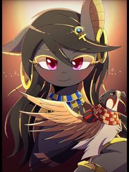 Size: 768x1024 | Tagged: safe, artist:erufi, bird, earth pony, falcon, pony, anubis, blushing, ear piercing, earring, egyptian, egyptian pony, female, horus, jewelry, looking at you, mare, piercing, solo