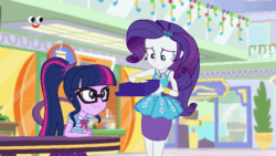 Size: 800x450 | Tagged: safe, screencap, applejack, rarity, sci-twi, twilight sparkle, equestria girls, equestria girls series, g4, holidays unwrapped, spoiler:eqg series (season 2), animated, blushing, book, chair, crossed arms, cute, eyes closed, female, foot popping, freckles, geode of shielding, geode of super strength, geode of telekinesis, gif, happy, hat, laughing, looking at someone, looking at something, magical geodes, photo, plusplus, present, raribetes, reading, shadow spade, shopping mall, sitting, smiling, standing, table