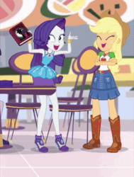 Size: 340x450 | Tagged: safe, edit, edited screencap, screencap, applejack, rarity, equestria girls, equestria girls specials, g4, my little pony equestria girls: better together, my little pony equestria girls: holidays unwrapped, animated, beautiful, book, boots, chair, cropped, cute, eyes closed, female, freckles, geode of shielding, geode of super strength, gif, happy, hat, holding up, looking at something, magical geodes, raribetes, rarity peplum dress, shoes, standing, table