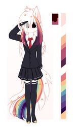 Size: 1024x1703 | Tagged: dead source, safe, artist:php146, oc, oc only, oc:ayaka, anthro, unguligrade anthro, alternate design, anthro oc, clothes, female, mare, miniskirt, necktie, pleated skirt, reference sheet, salute, skirt, socks, solo, species swap, suit, thigh highs, zettai ryouiki