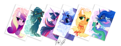 Size: 2000x765 | Tagged: dead source, safe, artist:vird-gi, applejack, princess cadance, princess celestia, princess luna, queen chrysalis, twilight sparkle, alicorn, changeling, changeling queen, earth pony, pony, g4, alicorn tetrarchy, alternate hairstyle, female, mare, postcard, s1 luna, twilight sparkle (alicorn)