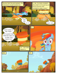 Size: 612x792 | Tagged: safe, artist:newbiespud, edit, edited screencap, screencap, applejack, rainbow dash, earth pony, pegasus, pony, comic:friendship is dragons, fall weather friends, g4, bound wings, comic, d:, dialogue, female, flying, hat, mare, motion blur, mountain, open mouth, rope, running, running of the leaves, screencap comic, surprised, tornado, wide eyes, wings