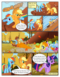 Size: 612x792 | Tagged: safe, artist:newbiespud, edit, edited screencap, screencap, applejack, berry punch, berryshine, carrot top, daisy, flower wishes, golden harvest, lemon hearts, linky, rainbow dash, shoeshine, twilight sparkle, earth pony, pegasus, pony, unicorn, comic:friendship is dragons, fall weather friends, g4, background pony, bound wings, cliff, comic, dialogue, dizzy, female, freckles, grin, hat, mare, onomatopoeia, rope, running, screencap comic, smiling, unicorn twilight, wings, worried