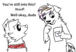 Size: 788x545 | Tagged: safe, artist:askwinonadog, winona, oc, oc:mod dog, dog, anthro, ask winona, g4, ask, description is relevant, dialogue, duo, furry oc, limited palette, simple background, tumblr, white background, woof