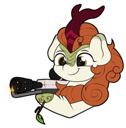 Size: 2274x2313 | Tagged: safe, artist:ljdamz1119, autumn blaze, kirin, g4, sounds of silence, autumn blaze's puppet, delet this, female, flamethrower, high res, quadrupedal, simple background, smiling, solo, transparent background, weapon