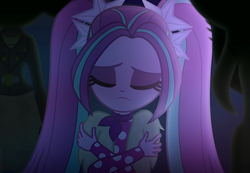 Size: 1562x1080 | Tagged: safe, screencap, aria blaze, scribble dee, equestria girls, find the magic, g4, my little pony equestria girls: better together, ascot, cropped, crossed arms, eyes closed, female, pigtails, polka dots, sad, twintails