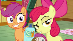 Size: 1920x1080 | Tagged: safe, screencap, apple bloom, scootaloo, earth pony, pegasus, pony, g4, growing up is hard to do, season 9, bow, carrot, chips, clubhouse, crusaders clubhouse, duo, duo female, female, filly, foal, food, golden eyes, grin, hair bow, lidded eyes, magenta hair, magenta mane, orange coat, orange fur, orange pony, purple eyes, raised eyebrow, red hair, red mane, saddle bag, smiling, smirk, smug, snacks, spread wings, wide eyes, wings, yellow coat, yellow fur, yellow pony