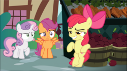 Size: 1671x940 | Tagged: safe, screencap, apple bloom, scootaloo, sweetie belle, earth pony, pegasus, pony, unicorn, the big mac question, apple, bipedal, bipedal leaning, cool, cropped, cutie mark crusaders, faic, female, filly, foal, food, leaning, lidded eyes, pose, raised eyebrow, raised hoof, smiling, smirk, trio