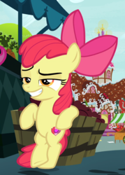 Size: 645x900 | Tagged: safe, screencap, apple bloom, earth pony, pony, the big mac question, bipedal, bipedal leaning, bow, cool, cropped, faic, female, filly, hair bow, leaning, lidded eyes, offscreen character, ponyville, pose, raised eyebrow, smiling, smirk, solo focus, sugarcube corner