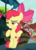 Size: 645x900 | Tagged: safe, screencap, apple bloom, earth pony, pony, g4, the big mac question, bipedal, bipedal leaning, bow, cool, cropped, faic, female, filly, hair bow, leaning, lidded eyes, offscreen character, ponyville, pose, raised eyebrow, smiling, smirk, solo focus, sugarcube corner