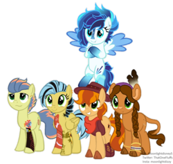 Size: 918x870 | Tagged: safe, artist:thatonefluffs, artist:xxmelody-scribblexx, oc, oc only, oc:benson, oc:sonic blast (ice1517), oc:sora seeds, oc:tala (ice1517), oc:wonder apple, earth pony, hybrid, pegasus, pony, icey-verse, bandana, base used, bisony, boots, bracelet, brother and sister, brothers, commission, cowboy boots, cowboy hat, cowboy vest, crossed arms, ear piercing, earring, eyebrow piercing, feather, female, flying, grin, half-siblings, hat, headband, jewelry, lip piercing, magical gay spawn, male, markings, multicolored hair, offspring, parent:braeburn, parent:little strongheart, parent:rainbow dash, parent:soarin', parents:braeheart, parents:soarburn, parents:soarindash, piercing, pigtails, raised hoof, shoes, siblings, simple background, sisters, smiling, tattoo, transparent background, twintails, unshorn fetlocks, wall of tags, wristband