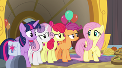 Size: 1920x1080 | Tagged: safe, screencap, apple bloom, fluttershy, scootaloo, sweetie belle, twilight sparkle, alicorn, pony, g4, growing up is hard to do, balloon, cutie mark, cutie mark crusaders, older, older apple bloom, older cmc, older scootaloo, older sweetie belle, pumpkin, saddle bag, the cmc's cutie marks, twilight sparkle (alicorn), wheel