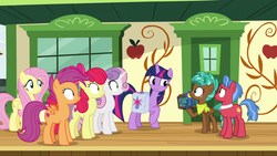 Size: 1920x1080 | Tagged: safe, screencap, apple bloom, biscuit, fluttershy, scootaloo, spur, sweetie belle, twilight sparkle, alicorn, pegasus, pony, g4, growing up is hard to do, bag, cutie mark, cutie mark crusaders, female, male, mare, older, older apple bloom, older cmc, older scootaloo, older sweetie belle, saddle bag, the cmc's cutie marks, train station, twilight sparkle (alicorn)