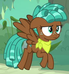 Size: 659x709 | Tagged: safe, screencap, spur, pegasus, pony, g4, growing up is hard to do, bandana, cropped, female, flying, frown, ringlets, solo, teenager