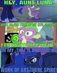 Size: 638x819 | Tagged: safe, artist:undeadponysoldier, edit, edited screencap, editor:undeadponysoldier, screencap, princess luna, spike, alicorn, ghost, pony, g4, luna eclipsed, caption, comic, compliment, discovery family logo, fanart, female, image macro, mare, nightmare night, screencap comic, text, vortex