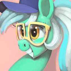 Size: 2000x2000 | Tagged: safe, artist:toisanemoif, lyra heartstrings, pony, g4, bust, cap, female, glasses, hat, high res, portrait, smiling, solo