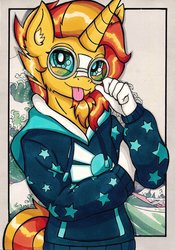 Size: 1434x2048 | Tagged: safe, artist:canvymamamoo, sunburst, unicorn, anthro, g4, blushing, clothes, glasses, hoodie, looking at you, male, smiling, solo, stallion, tongue out