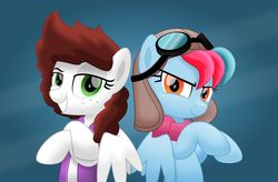 Size: 800x524 | Tagged: safe, artist:jhayarr23, oc, oc only, oc:aurora breeze, oc:graph travel, pegasus, pony, aviator goggles, aviator hat, back to back, clothes, duo, female, freckles, hat, looking at you, mare, scarf, smiling, vest