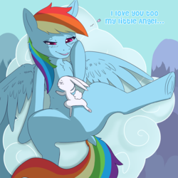 Size: 1332x1332 | Tagged: safe, artist:nikohowlii, angel bunny, rainbow dash, pegasus, pony, g4, angeldash, blushing, cloud, crack shipping, dialogue, dock, female, heart, male, mare, on back, open mouth, shipping, straight, underhoof, wat