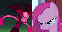 Size: 783x404 | Tagged: source needed, safe, edit, screencap, pinkie pie, earth pony, gem (race), pony, g4, party of one, angry, comparison, duo, duo female, female, gem, mare, pinkamena diane pie, spinel, spinel (steven universe), spoilers for another series, steven universe, steven universe: the movie