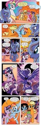 Size: 651x1963 | Tagged: safe, artist:amy mebberson, edit, idw, official comic, applejack, fluttershy, pinkie pie, princess celestia, princess luna, rainbow dash, twilight sparkle, alicorn, dragon, earth pony, pegasus, pony, unicorn, comic:friendship is dragons, g4, spoiler:comic, spoiler:comic08, angry, annoyed, bipedal, book, bookshelf, comic, dialogue, ethereal mane, female, finger in mouth, flying, golden oaks library, hoof shoes, hug, looking up, male, mare, nightmare rarity (arc), raised hoof, rearing, s1 luna, sad, scared, slit pupils, smiling, text edit, unicorn twilight