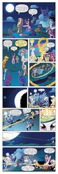 Size: 651x1963 | Tagged: safe, artist:amy mebberson, artist:newbiespud, edit, edited screencap, idw, screencap, applejack, fluttershy, pinkie pie, princess celestia, princess luna, rainbow dash, spike, twilight sparkle, alicorn, dragon, earth pony, pegasus, pony, unicorn, comic:friendship is dragons, g4, spoiler:comic, spoiler:comic08, 3d glasses, cheering, cloud, comic, concave belly, dialogue, earth, ethereal mane, eye reflection, female, flying, food, glowing horn, height difference, horn, lasso, magic, male, mare, moon, night, nightmare rarity (arc), physique difference, popcorn, raised hoof, reflection, rope, s1 luna, screencap comic, sitting, slender, stars, tangible heavenly object, telekinesis, text edit, thin, unicorn twilight