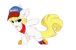 Size: 1536x1020 | Tagged: dead source, safe, artist:php146, oc, oc only, oc:triforce treasure, earth pony, pony, autobot, chest fluff, clothes, ear fluff, freckles, hat, male, shoes, simple background, stallion, superhero landing, transformers, white background