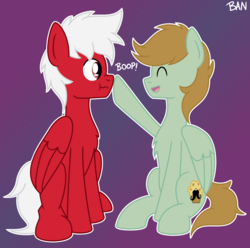 Size: 2075x2062 | Tagged: safe, artist:banquo0, oc, pegasus, pony, boop, chest fluff, duo, gradient background, high res, male, scrunchy face, sitting, stallion