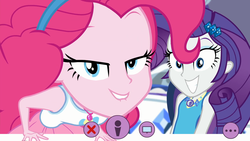 Size: 1920x1080 | Tagged: safe, screencap, pinkie pie, rarity, do it for the ponygram!, equestria girls, g4, my little pony equestria girls: better together, close-up, clothes, duo, duo female, female, geode of empathy, geode of fauna, geode of shielding, geode of sugar bombs, geode of super speed, geode of super strength, geode of telekinesis, grin, leaning back, leaning forward, lidded eyes, lip bite, looking at you, magical geodes, rarity's bedroom, recording, she knows, skirt, sleeveless, smiling, tank top, teenager, webcam