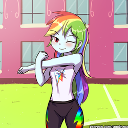 Size: 750x750 | Tagged: safe, artist:lumineko, rainbow dash, equestria girls, equestria girls series, g4, canterlot high, clothes, cute, dashabetes, female, high school, looking at you, one eye closed, pants, smiling, solo, stretching, tomboy, wink