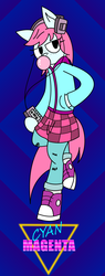 Size: 970x2560 | Tagged: safe, artist:derpanater, oc, oc only, oc:cyan magenta, 80's fashion, 80's style, bipedal, bubblegum, clothes, converse, cute, female, food, freckles, gum, headphones, high tops, hoodie, jeans, pants, plaid skirt, shoes, simple background, skirt, sneakers, walkman