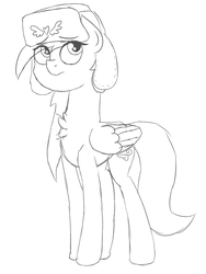 Size: 2255x3000 | Tagged: safe, artist:besttubahorse, oc, oc only, oc:zippy snips, pegasus, pony, hat, high res, insignia, monochrome, simple background, sketch, tall, thin, ushanka, white background