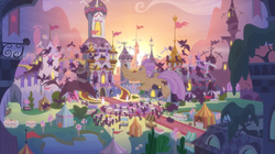 Size: 1915x1071 | Tagged: safe, screencap, gardyloo, grampa gruff, classical hippogriff, dragon, griffon, hippogriff, pony, yak, g4, the last problem, leak, canterlot, castle, coronation, everycreature, flying, series finale, spread wings, wings