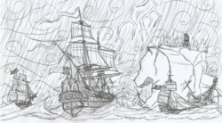Size: 2184x1204 | Tagged: safe, artist:newman134, equestria girls, g4, 18th century, boat, lightning, location, lore in description, no pony, ocean, pirate ship, rain, ship, storm, traditional art