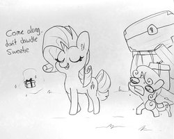 Size: 1742x1391 | Tagged: safe, artist:tjpones, rarity, sweetie belle, pony, unicorn, g4, sleepless in ponyville, cutie mark, female, filly, glowing horn, horn, lineart, magic, mare, raribitch, suitcase, sweat, telekinesis, the cmc's cutie marks