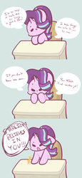 Size: 1280x2790 | Tagged: safe, artist:typhwosion, starlight glimmer, pony, unicorn, g4, cheering, chibi, comic, cute, desk, dialogue, female, floppy ears, glimmerbetes, positive ponies, solo, starlight's office