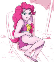 Size: 1968x2283 | Tagged: safe, artist:sumin6301, pinkie pie, equestria girls, g4, ass, barefoot, beach, beach chair, butt, chair, clothes, feet, female, looking at you, one-piece swimsuit, sand, smiling, soles, solo, swimsuit, toenails, toes