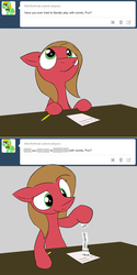 Size: 800x1602 | Tagged: safe, artist:loceri, oc, oc only, oc:pun, earth pony, pony, ask pun, ask, female, mare, paper, pun, solo, visual pun