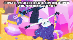 Size: 600x337 | Tagged: safe, edit, edited screencap, screencap, rarity, do it for the ponygram!, equestria girls, equestria girls series, g4, spoiler:eqg series (season 2), caption, grammar error, image macro, memeful.com, rotary phone, tangled up, telephone cord, text, the other side bloopers
