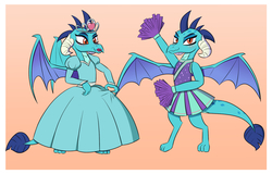 Size: 1800x1150 | Tagged: safe, artist:mew-me, princess ember, dragon, g4, cheerleader ember, cheerleader outfit, clothes, cute, dragoness, dress, female, formal wear, gown, playing with dress