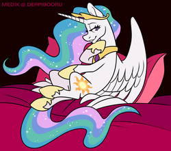 Size: 1587x1400 | Tagged: safe, artist:medix, derpibooru exclusive, princess celestia, alicorn, pony, g4, bed, blanket, ethereal mane, female, flowing mane, lidded eyes, looking at you, mare, multicolored mane, multicolored tail, pillow, sitting, smiling, solo, starry mane