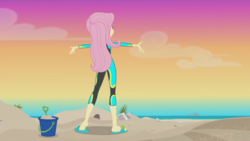 Size: 852x479 | Tagged: safe, screencap, fluttershy, aww... baby turtles, equestria girls, g4, my little pony equestria girls: better together, arms wide open, beach, behind, clothes, feet, female, fluttershy's wetsuit, heel pop, sandals, soles, solo, swimsuit, wetsuit